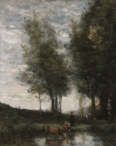 Lampi, lehmänpaimen (öljy kankaalle) tekijältä Jean-Baptiste-Camille Corot